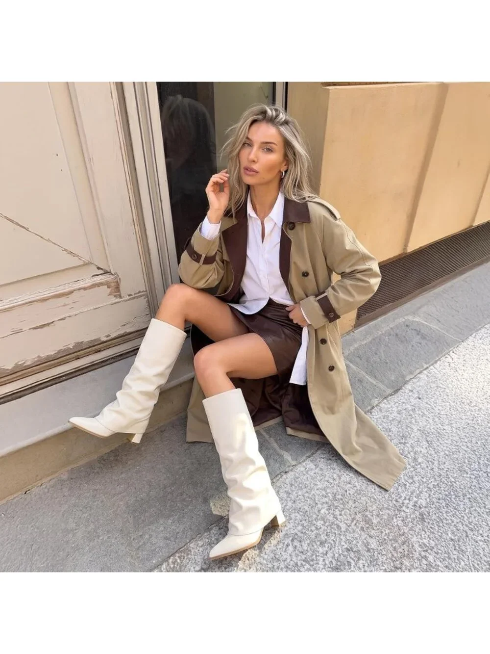 Women's Beige Pointed Toe Pu Leather Chunky Heel Fold Over Knee High Boots